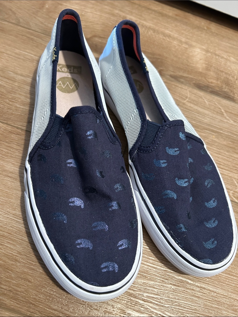 Keds Women’s Navy Slip-On Flats with Lobster Claw Light Blue Crescent Print
